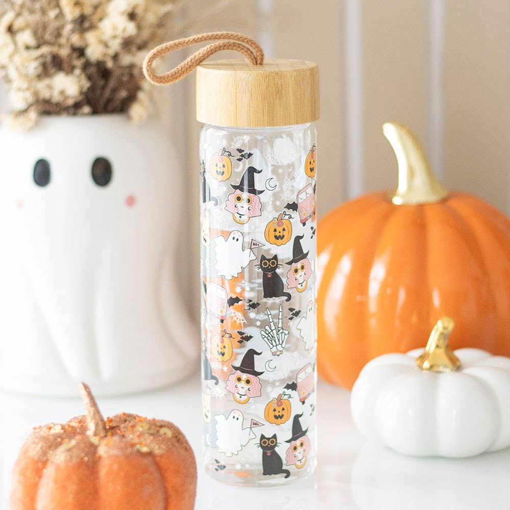 Groovy Ghost Halloween Print Glass Water Bottle