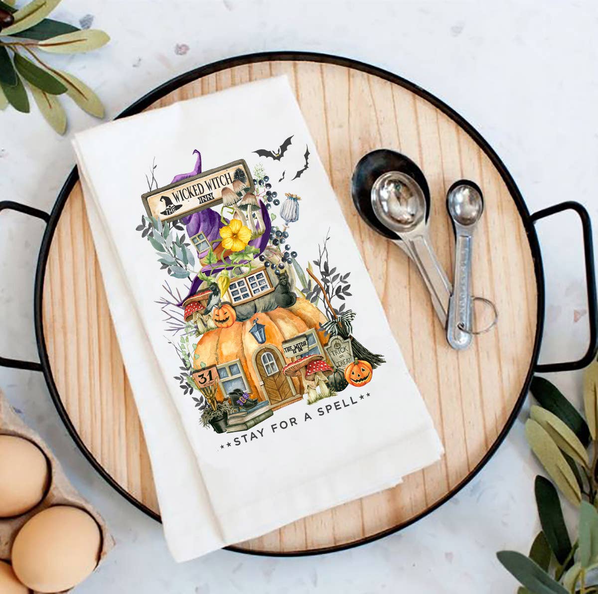 Halloween Wicked witch Pumpkin House Flour Sack Tea Towel