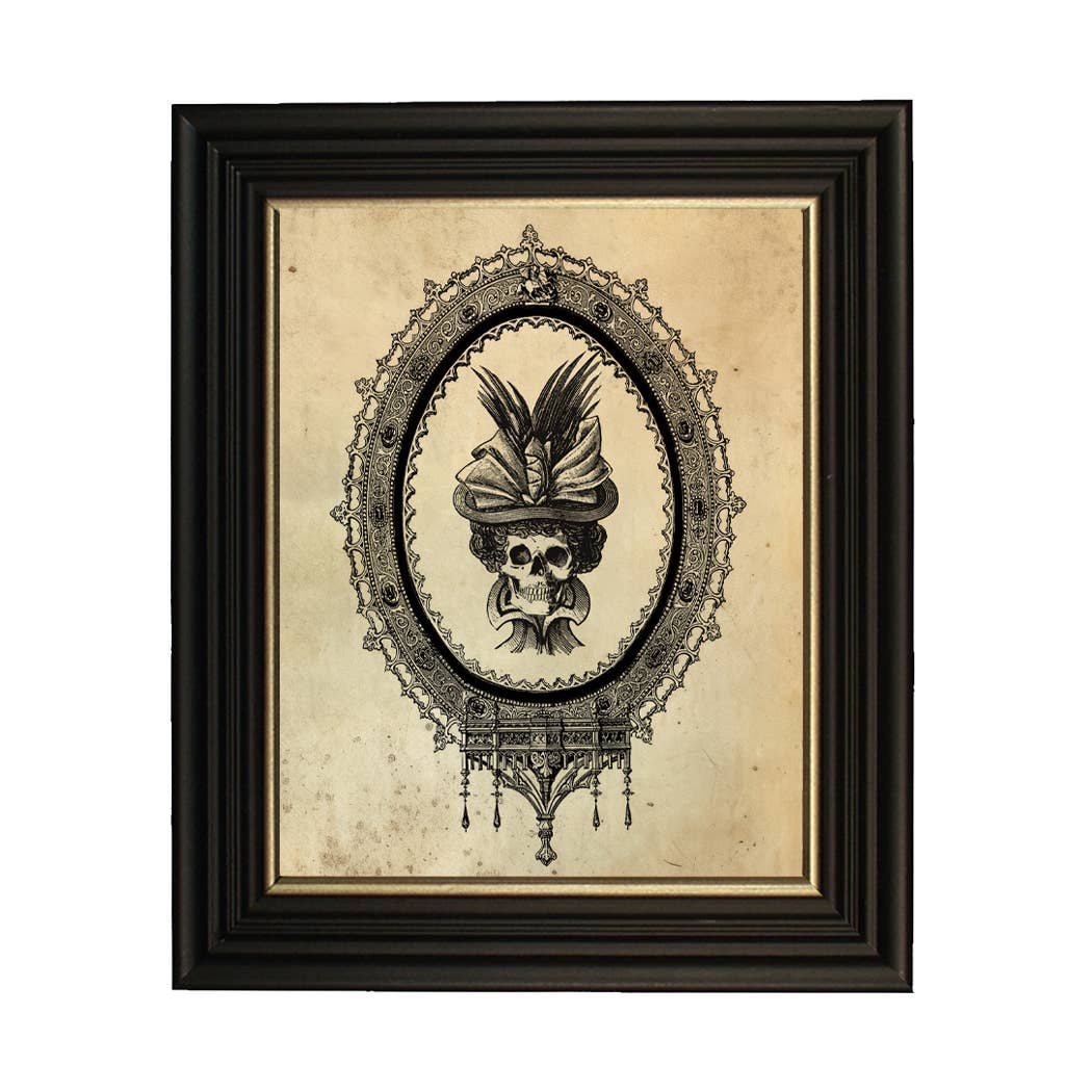 6"x8" Skull in Bonnet Vintage Print Behind Glass