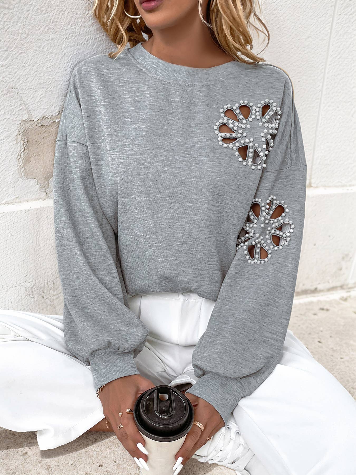 Pearl-Embellished Cutout Floral Sweatshirt
