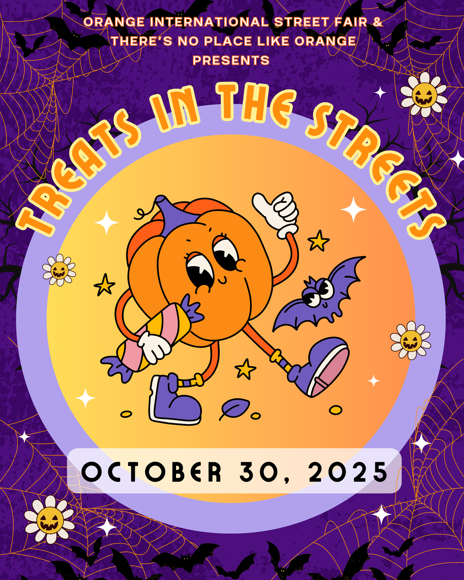 Promotional poster for 'Treats in the Streets' event with a cartoon pumpkin character on a purple background.