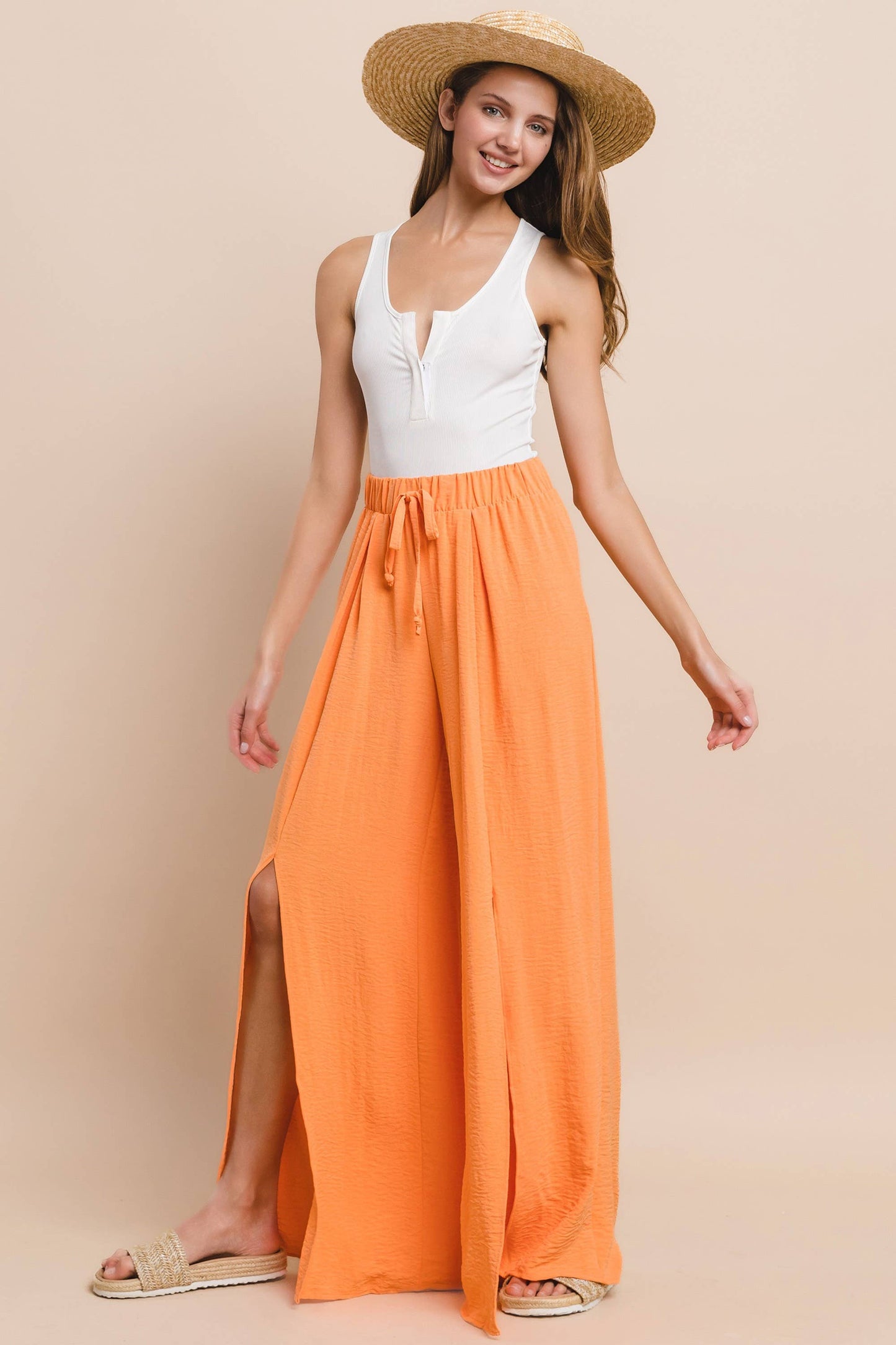 SOLID CREPE PALAZZO PANTS - ORANGE 2327