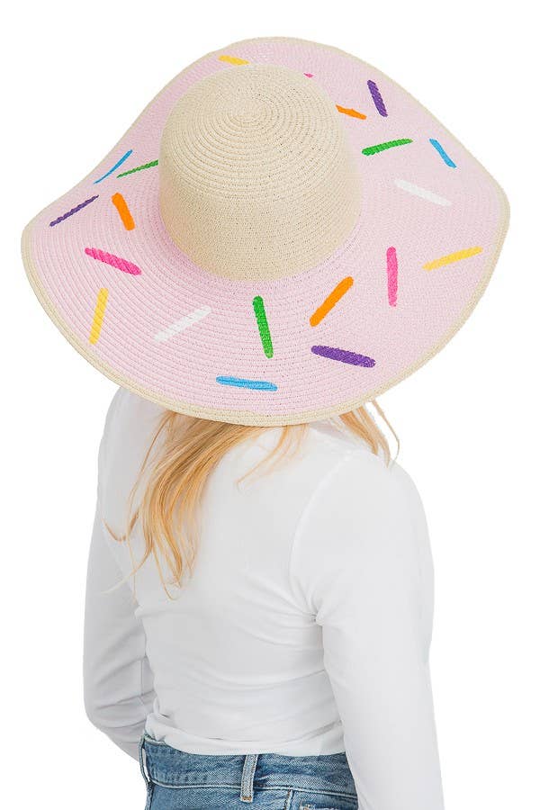 Orange & Donut Print Wide Brim Floppy Paper Straw Sun Hat