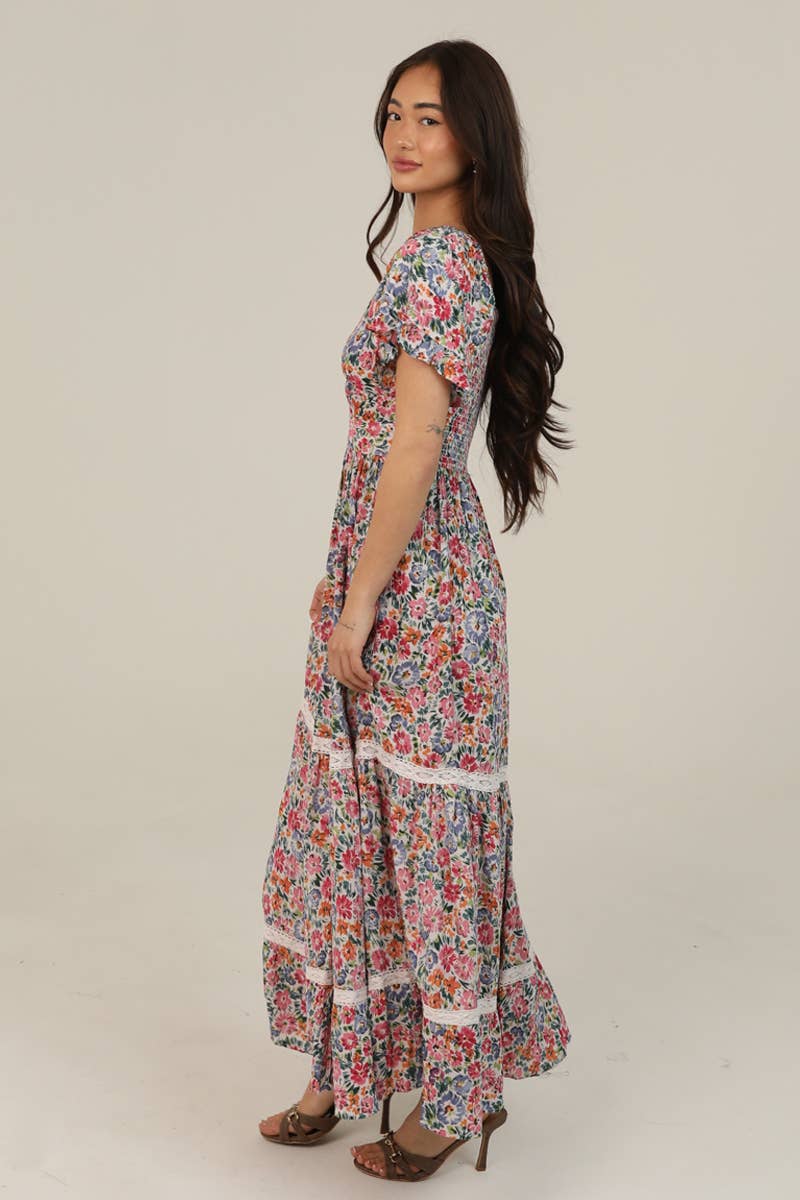 Flare Short Sleeve Floral Maxi Dress