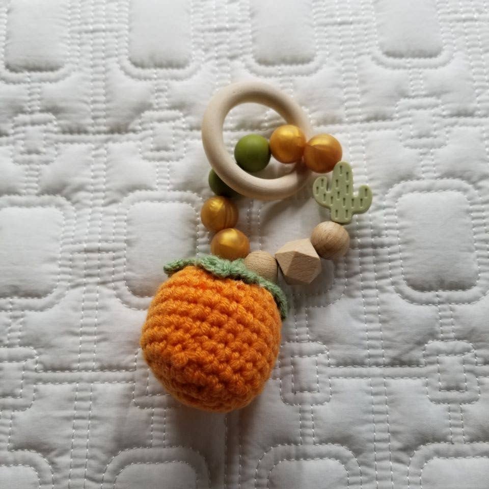 Orange Hand Crochet Rattle Teething Toy