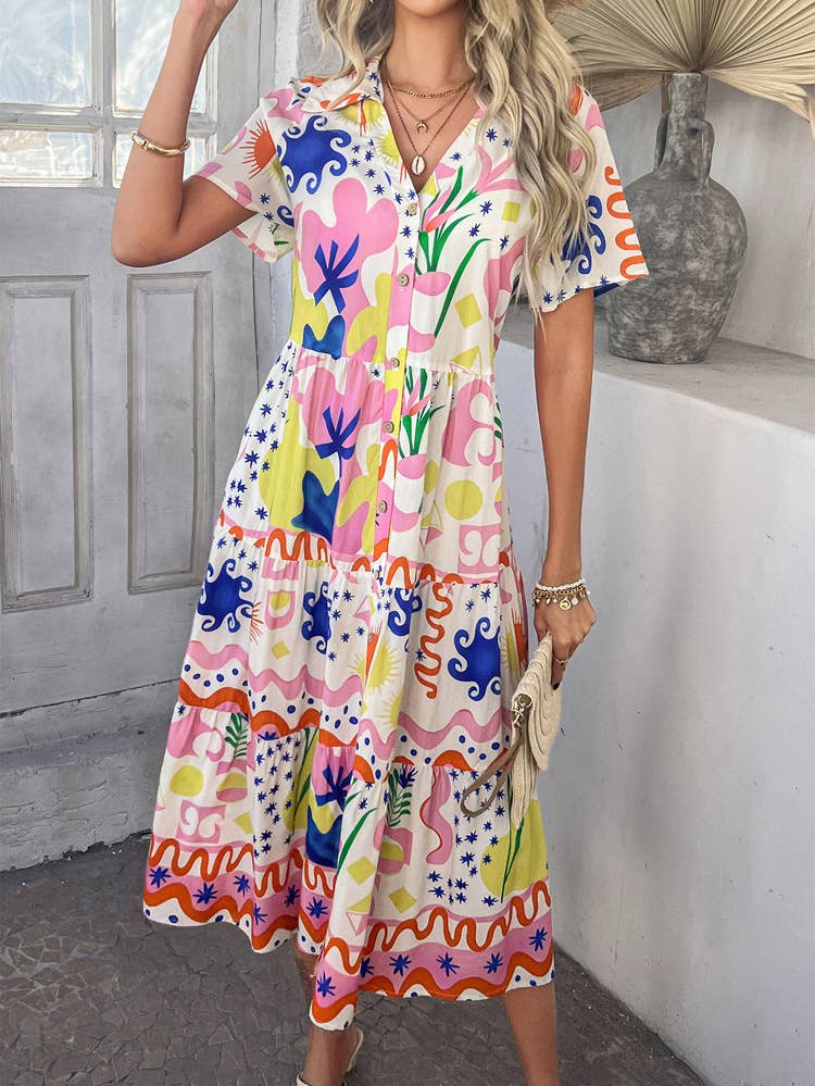 Bohemian Casual High-Waisted Color Block Dress DY327