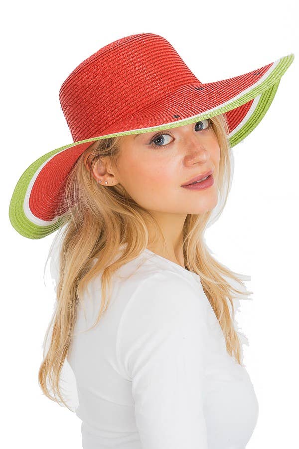Orange & Donut Print Wide Brim Floppy Paper Straw Sun Hat