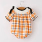 Fall Halloween Orange Embroidery Smocking Plaid Bow Baby Girls Romper