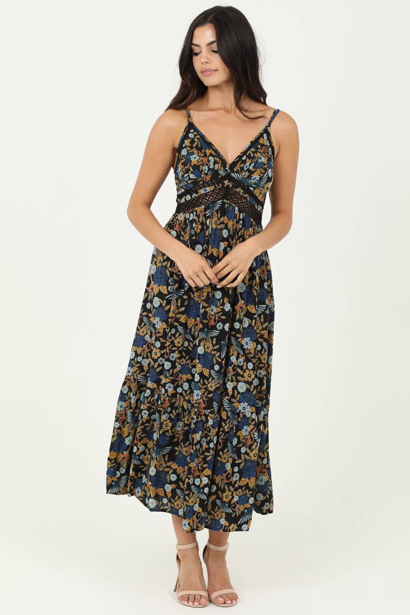 Dark Blue Floral Lace Trim Maxi Dress