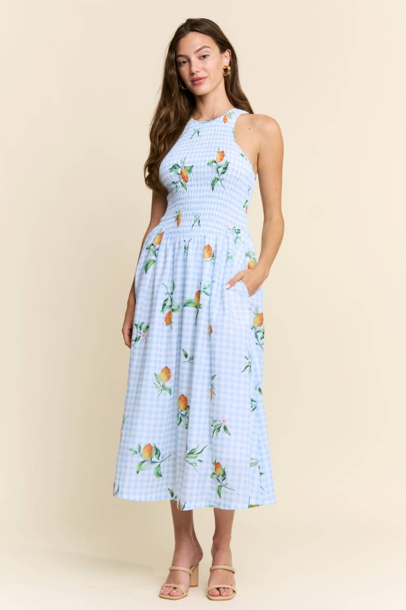 Fruit Smocked Neck Dress