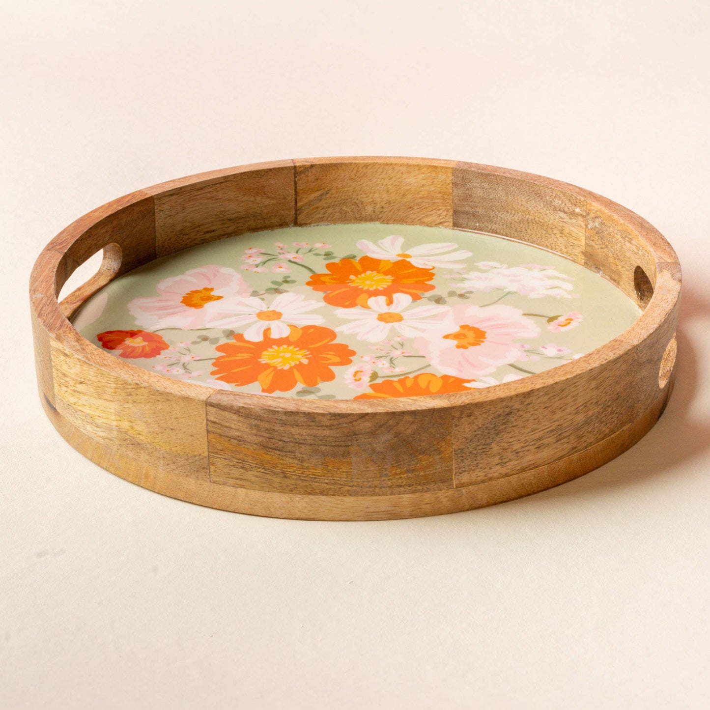 Bouquet Large Round Wood Enamel Tray