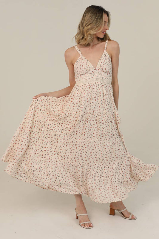 V NECK LACE TRIM DITSY PRINT MAXI DRESS