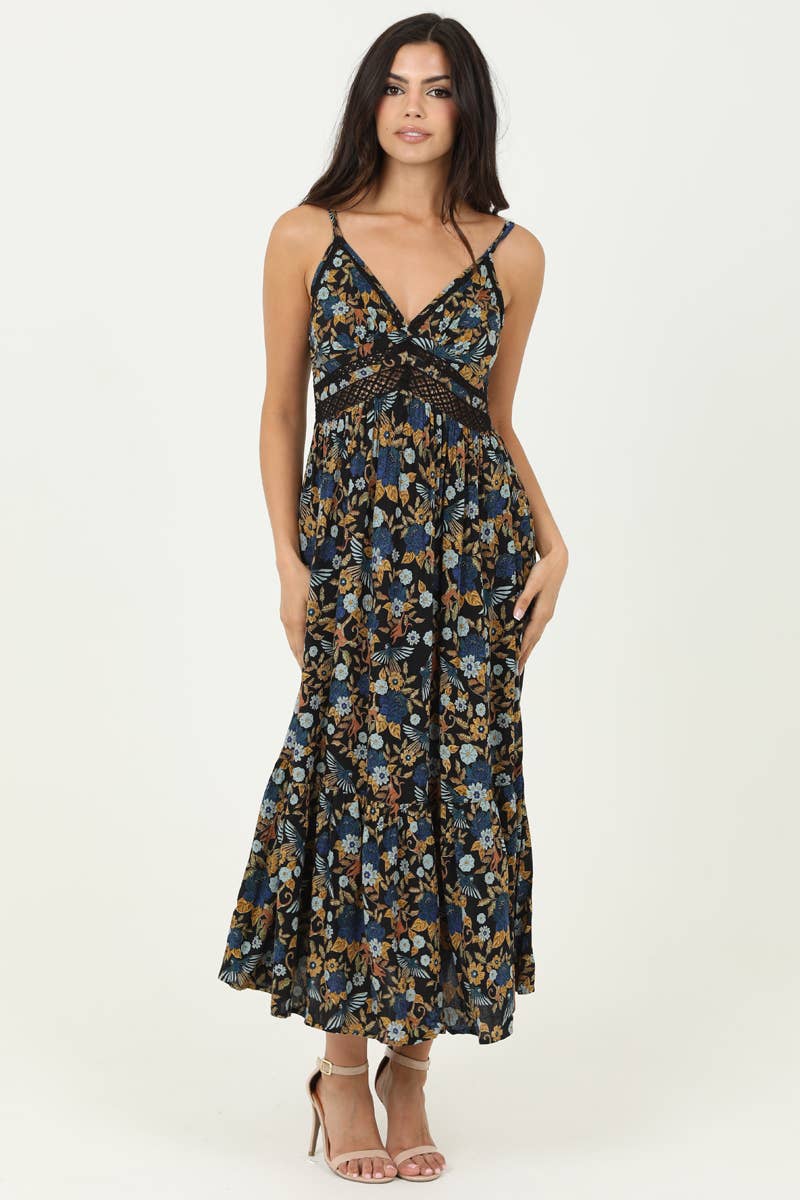Dark Blue Floral Lace Trim Maxi Dress
