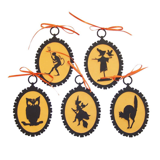 5 Halloween Silhouette Ornaments Set B w/ Orange Ribbon