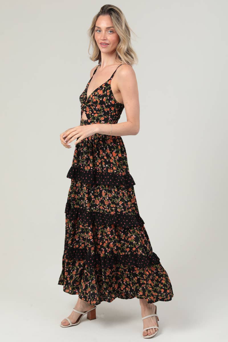 Black Twist Front Ruffle Tier Maxi Dress