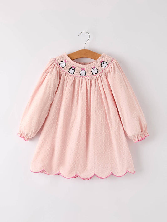 Autumn Halloween Light Pink Ghost Embroidery Smock Girl Dress