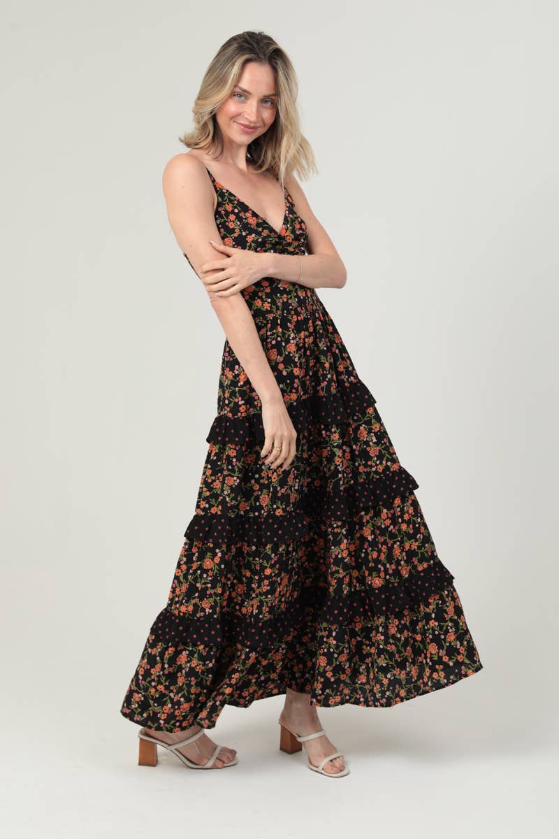 Black Twist Front Ruffle Tier Maxi Dress