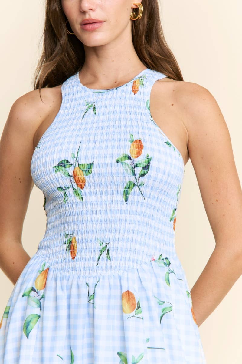Fruit Smocked Neck Dress