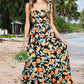 Shoulder Strap Ruffle Hem Orange Print Maxi Dress VD81567D