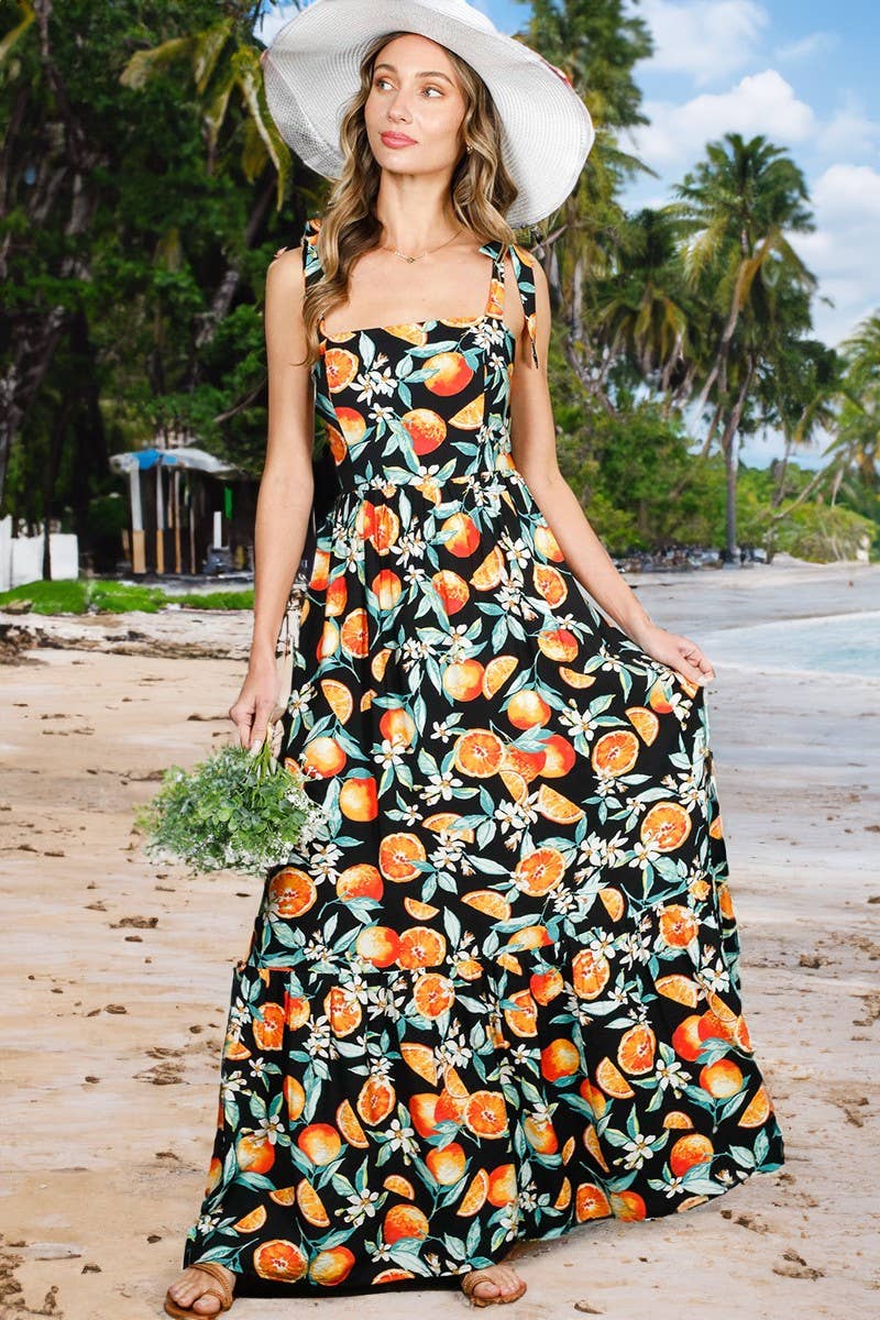 Shoulder Strap Ruffle Hem Orange Print Maxi Dress VD81567D