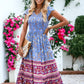 Bohemian Printed V-Neck Smocked Chest Flared Midi Dress