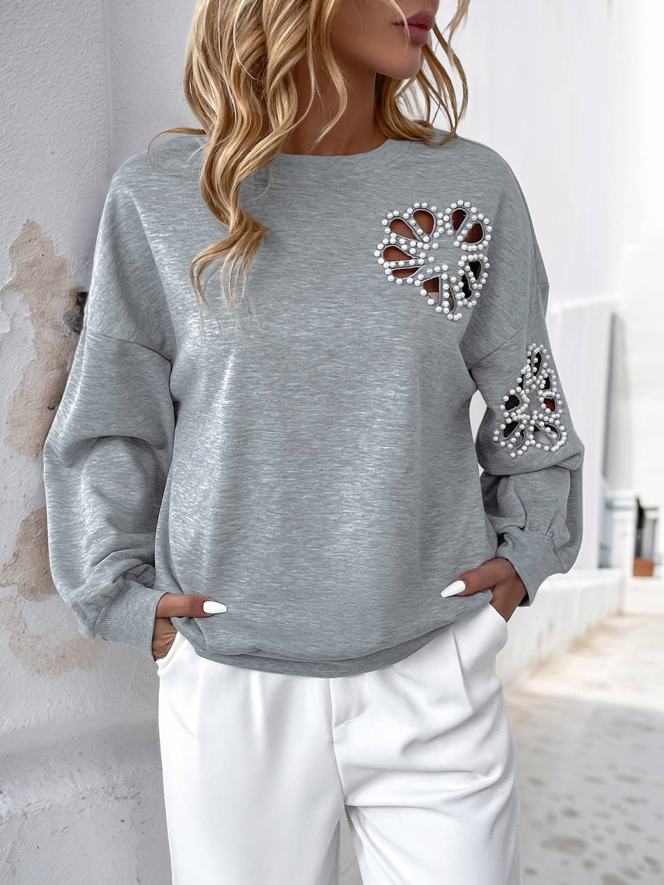Pearl-Embellished Cutout Floral Sweatshirt