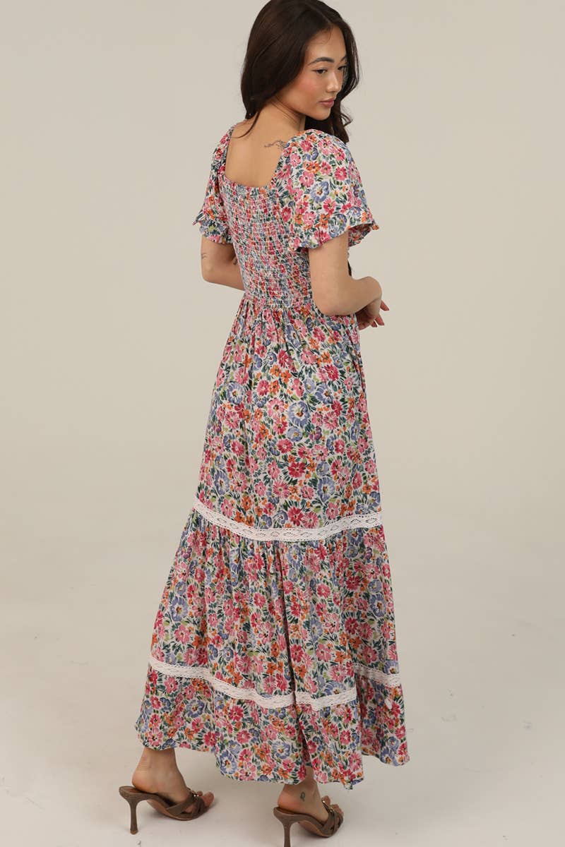 Flare Short Sleeve Floral Maxi Dress