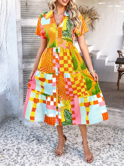 Bohemian Casual High-Waisted Color Block Dress DY327