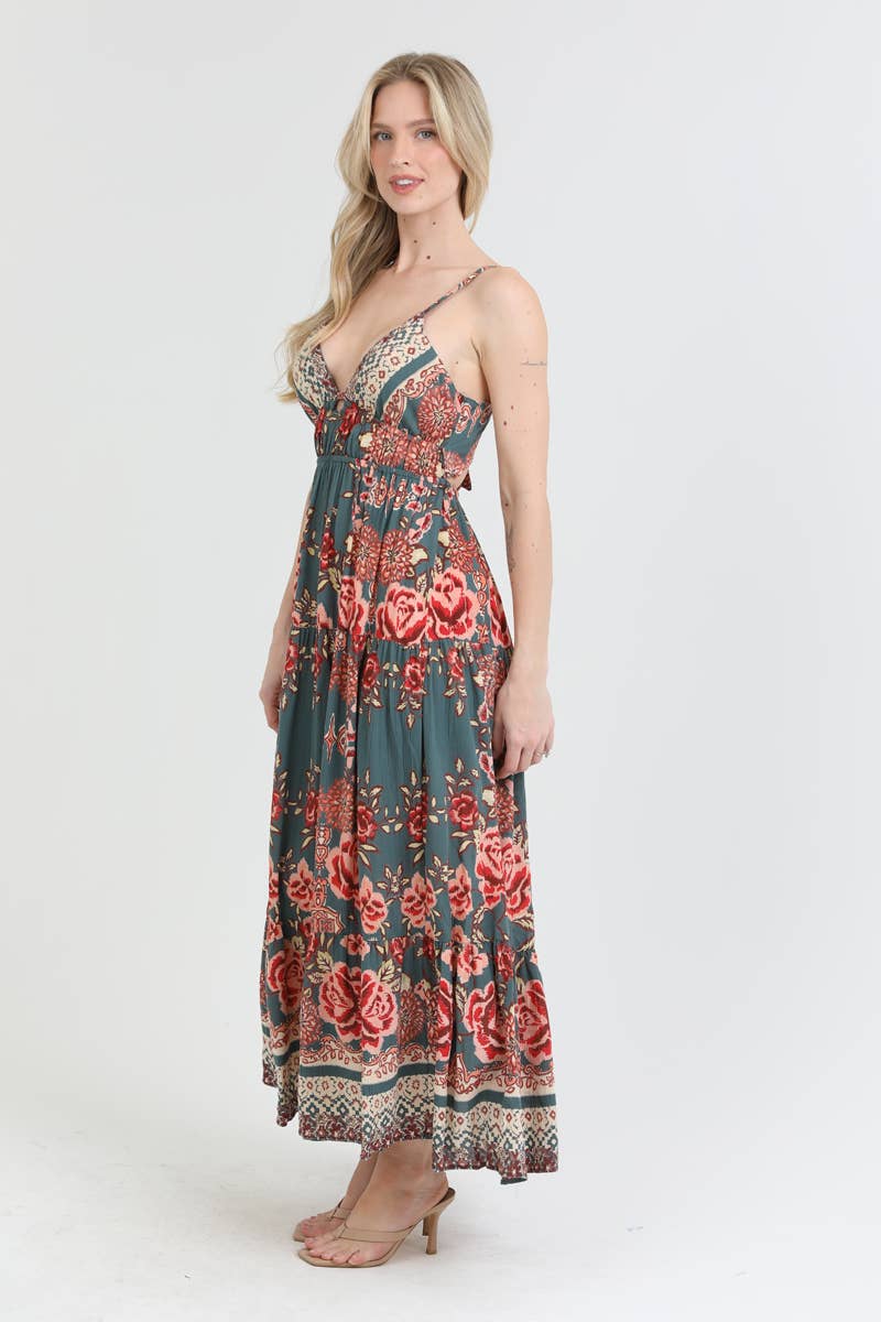 Dark Green Open Tie Back Maxi Dress