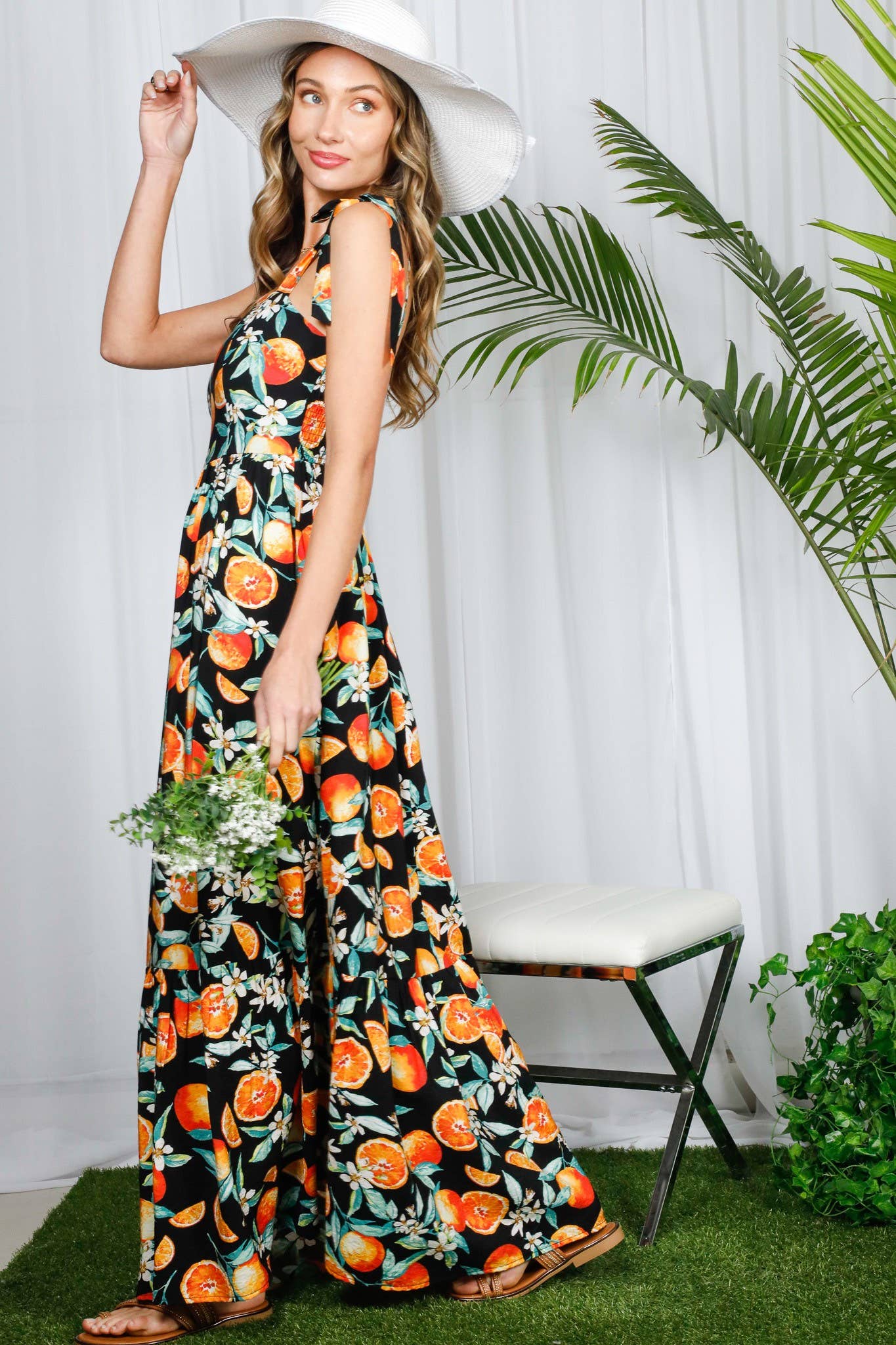 Shoulder Strap Ruffle Hem Orange Print Maxi Dress VD81567D