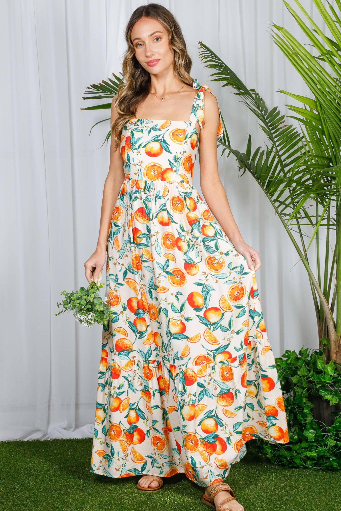 Shoulder Strap Ruffle Hem Orange Print Maxi Dress VD81567D