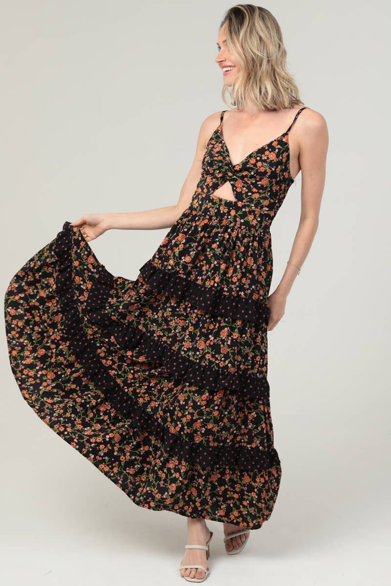 Black Twist Front Ruffle Tier Maxi Dress
