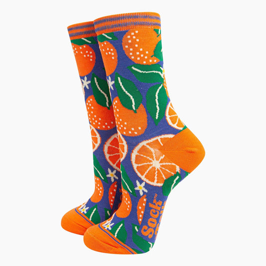 Women's Bamboo Socks - Blue, Orange Tree: Size US 5-9