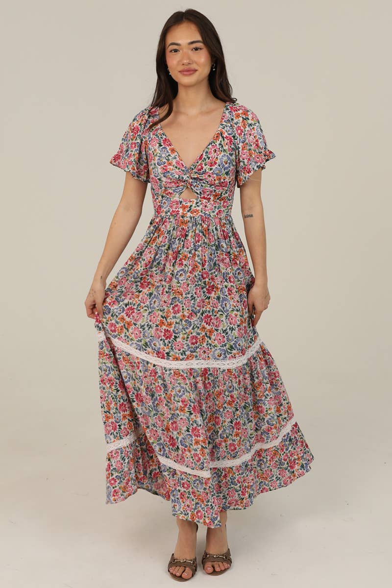 Flare Short Sleeve Floral Maxi Dress