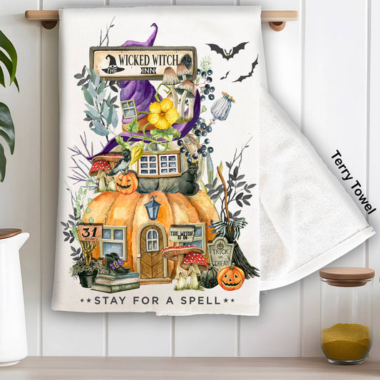 Halloween Wicked witch Pumpkin House  Kitchen Terry Towel