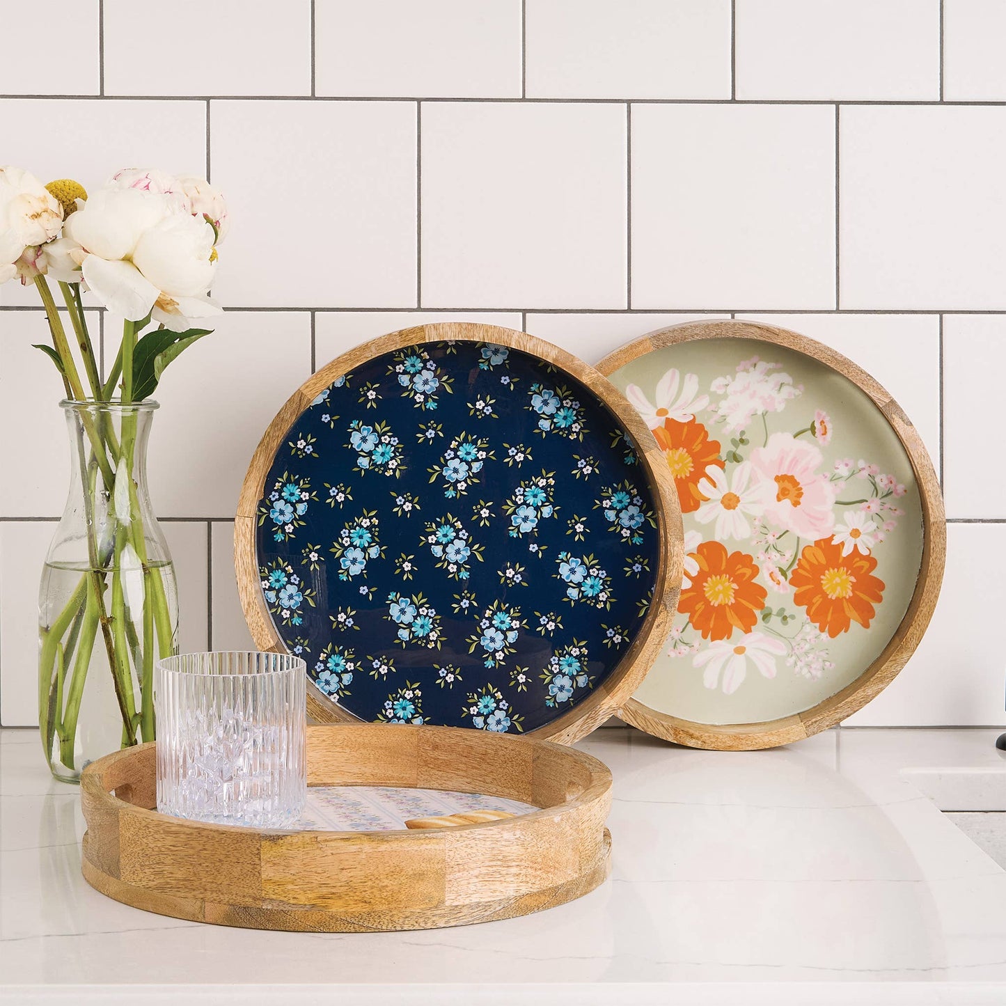 Bouquet Large Round Wood Enamel Tray