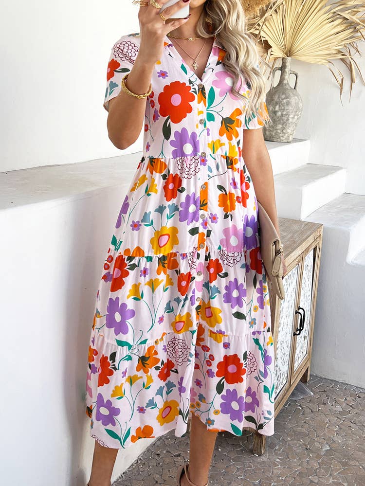 Bohemian Casual High-Waisted Color Block Dress DY327