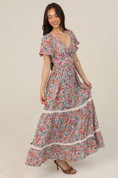 Flare Short Sleeve Floral Maxi Dress