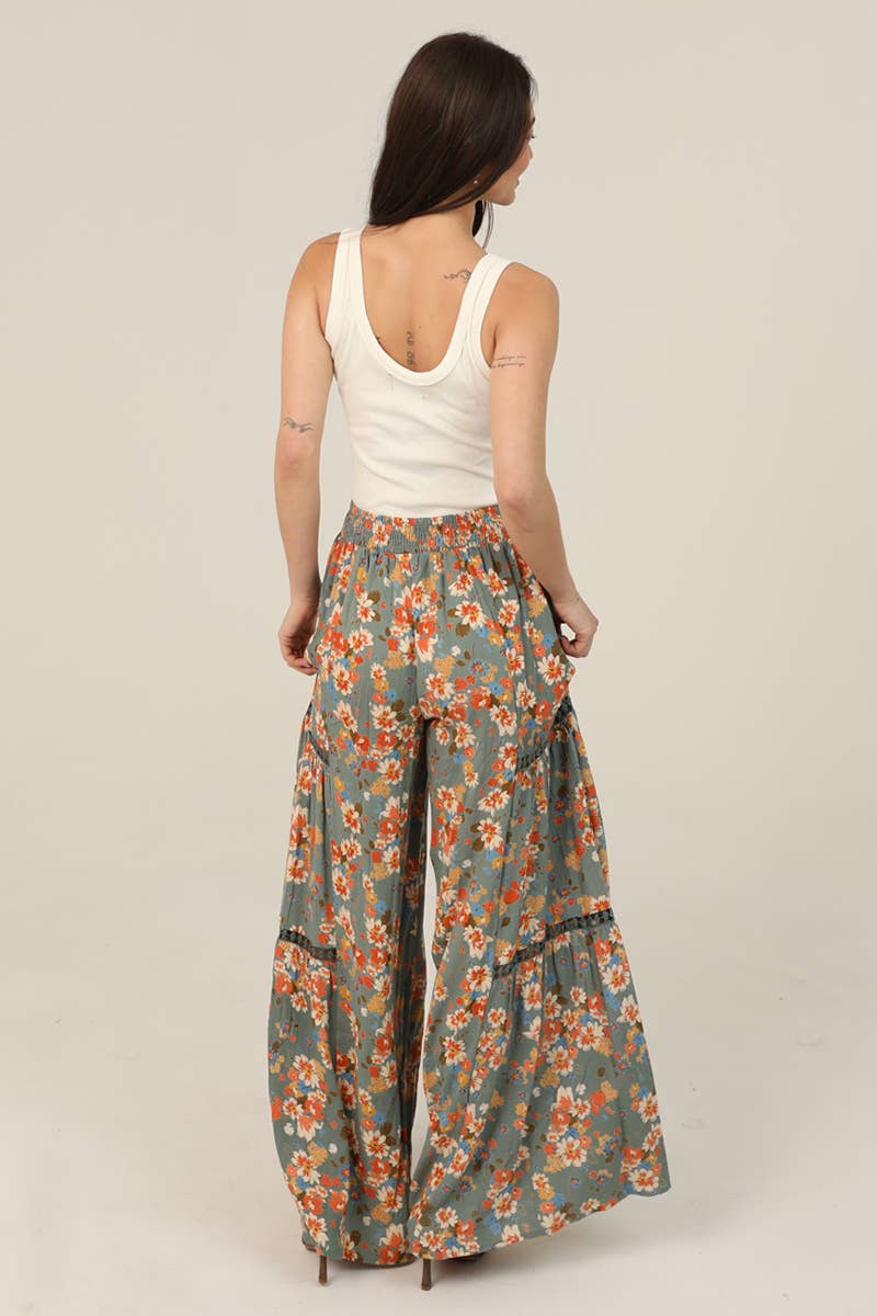 Floral Wide Leg Pants With Lace Inserts