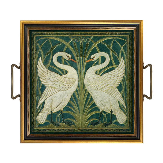 Two White Swans Decorative Tray with Brass Handles
