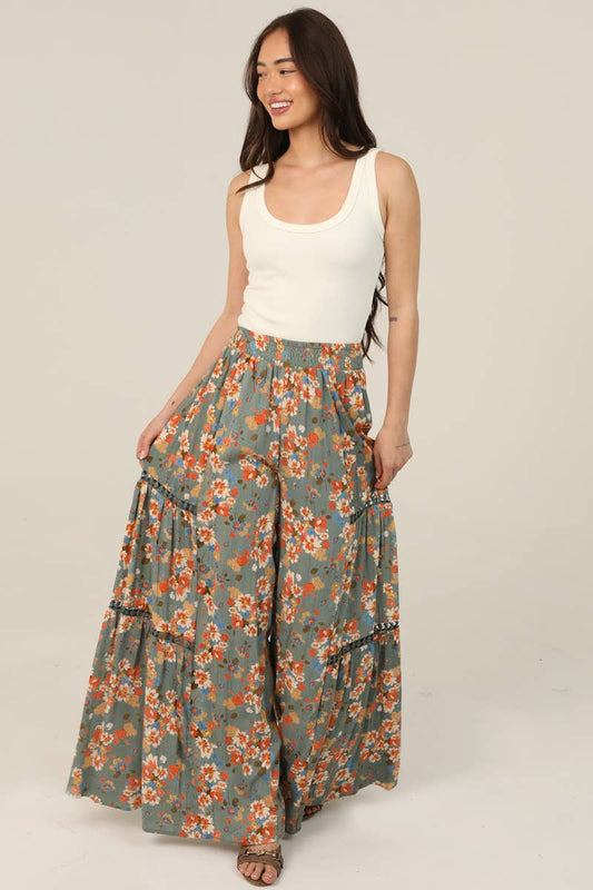 Floral Wide Leg Pants With Lace Inserts