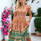 Bohemian Printed V-Neck Smocked Chest Flared Midi Dress