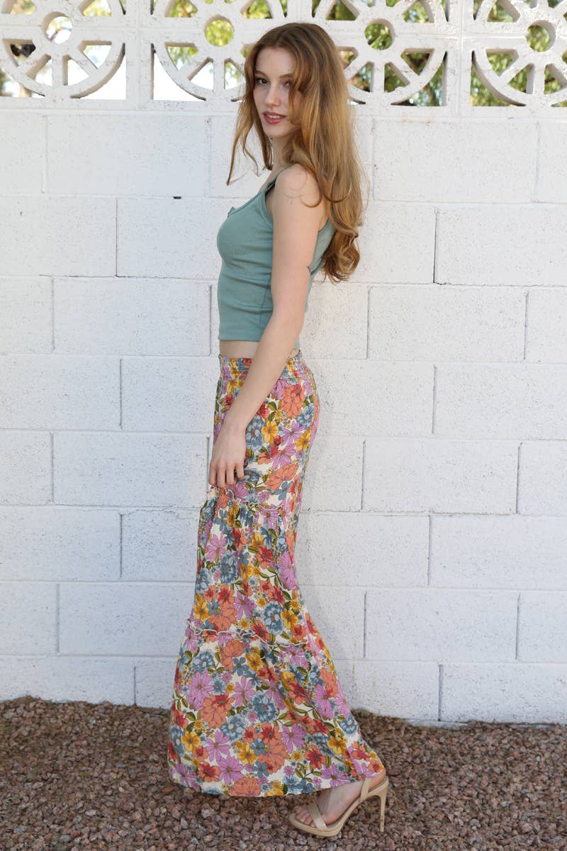 WIDE LEG FLORAL PRINTED SMOCKED PANTS