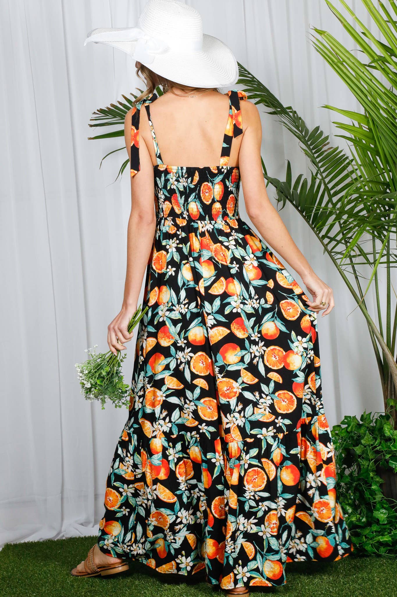 Shoulder Strap Ruffle Hem Orange Print Maxi Dress VD81567D