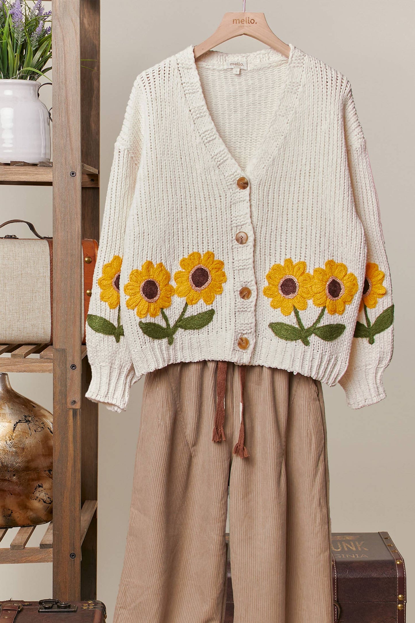 Sunflower Embroidered V Neck Cardigan