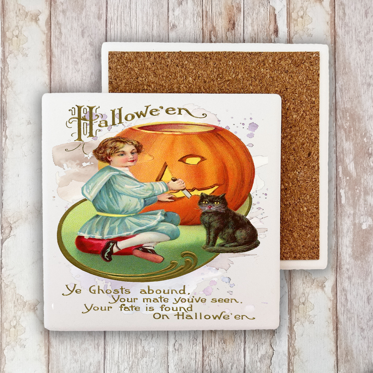 Halloween Vintage Pumpkin Black Cat Stone Coaster