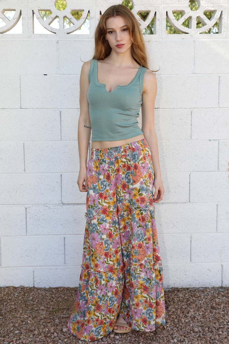 WIDE LEG FLORAL PRINTED SMOCKED PANTS