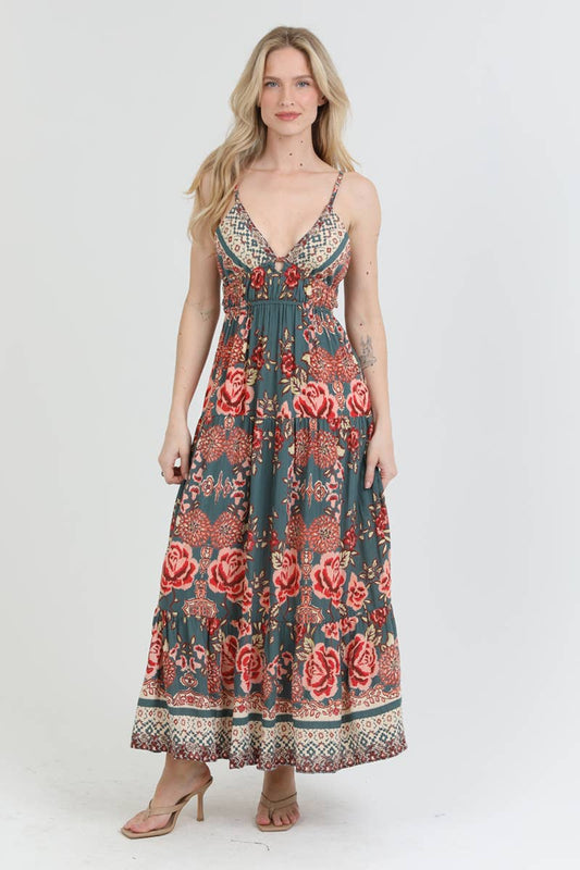 Dark Green Open Tie Back Maxi Dress