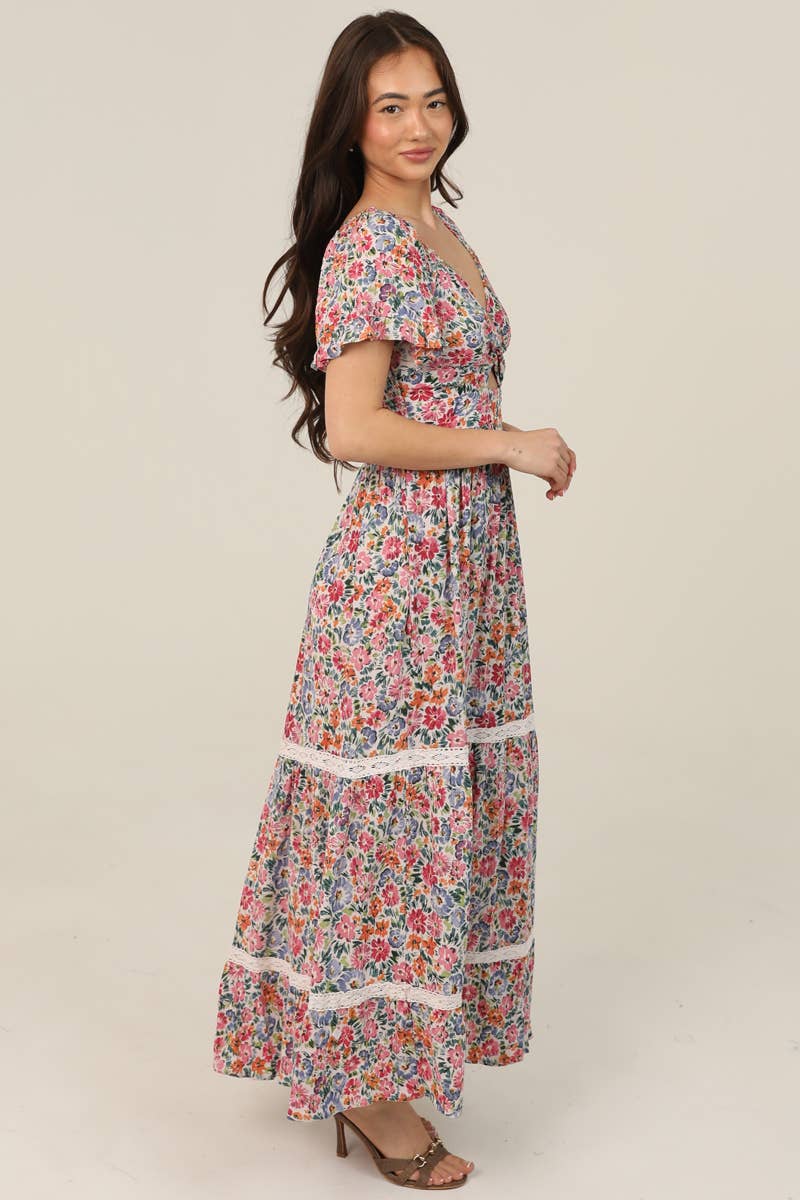 Flare Short Sleeve Floral Maxi Dress