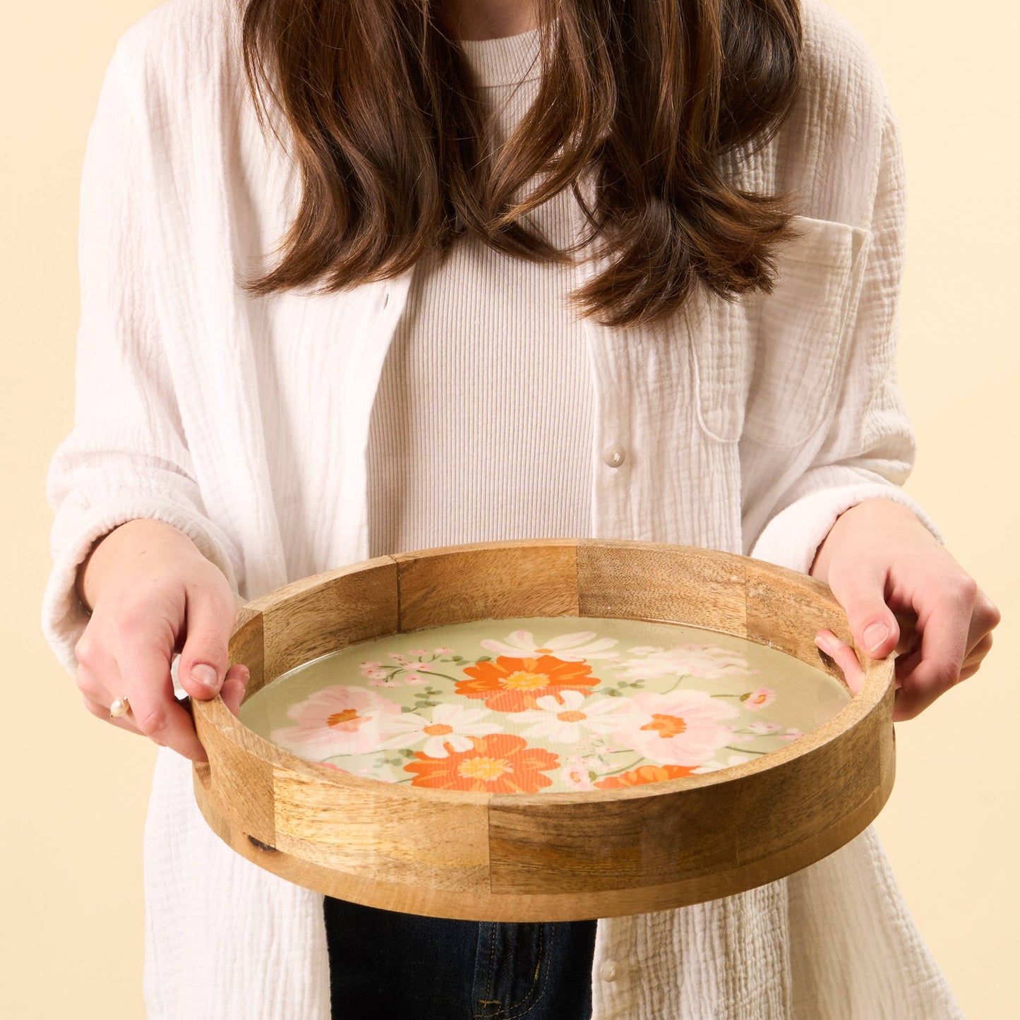 Bouquet Large Round Wood Enamel Tray